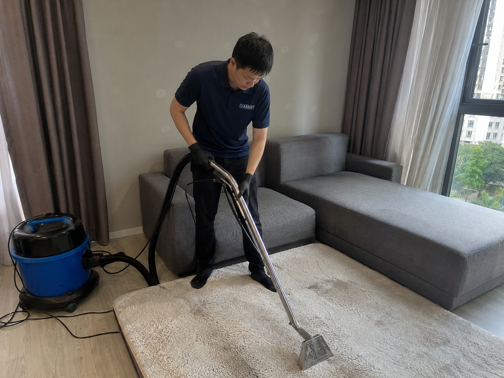 Oassist technician cleaning a carpet