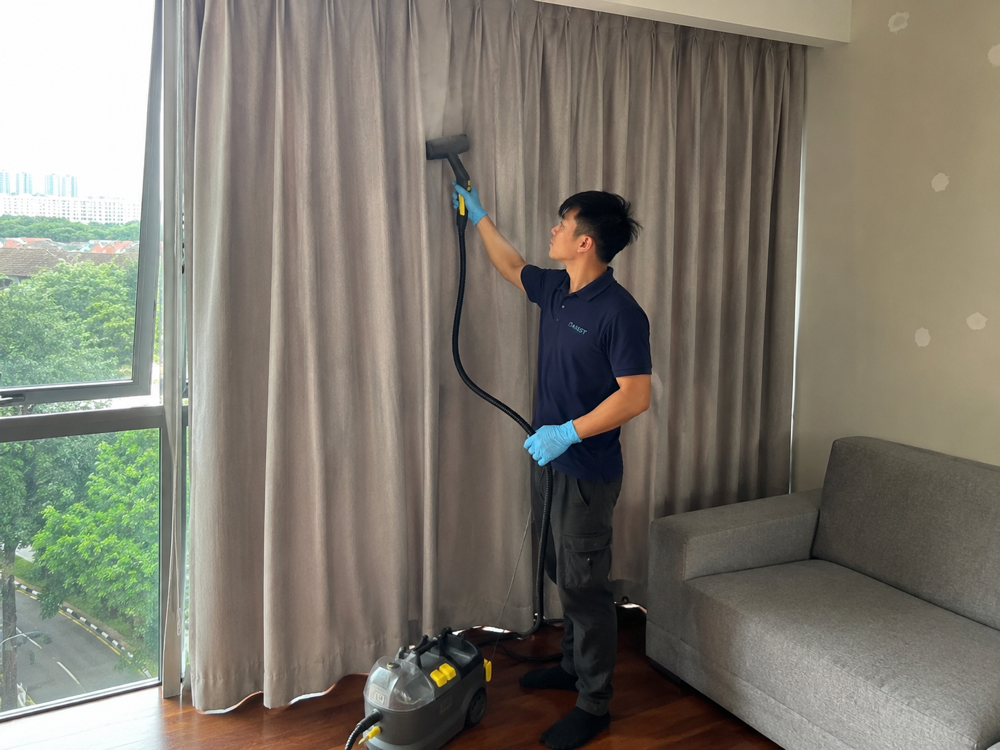 Oassist technician steam cleaning curtains